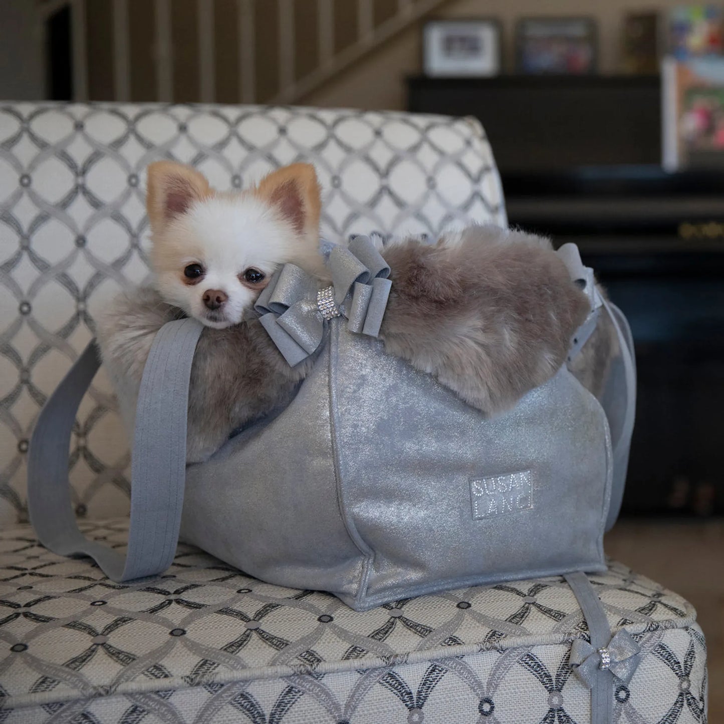 Susan Lanci Designs Platinum Glitzerati Luxury Carrier with Fur Trim