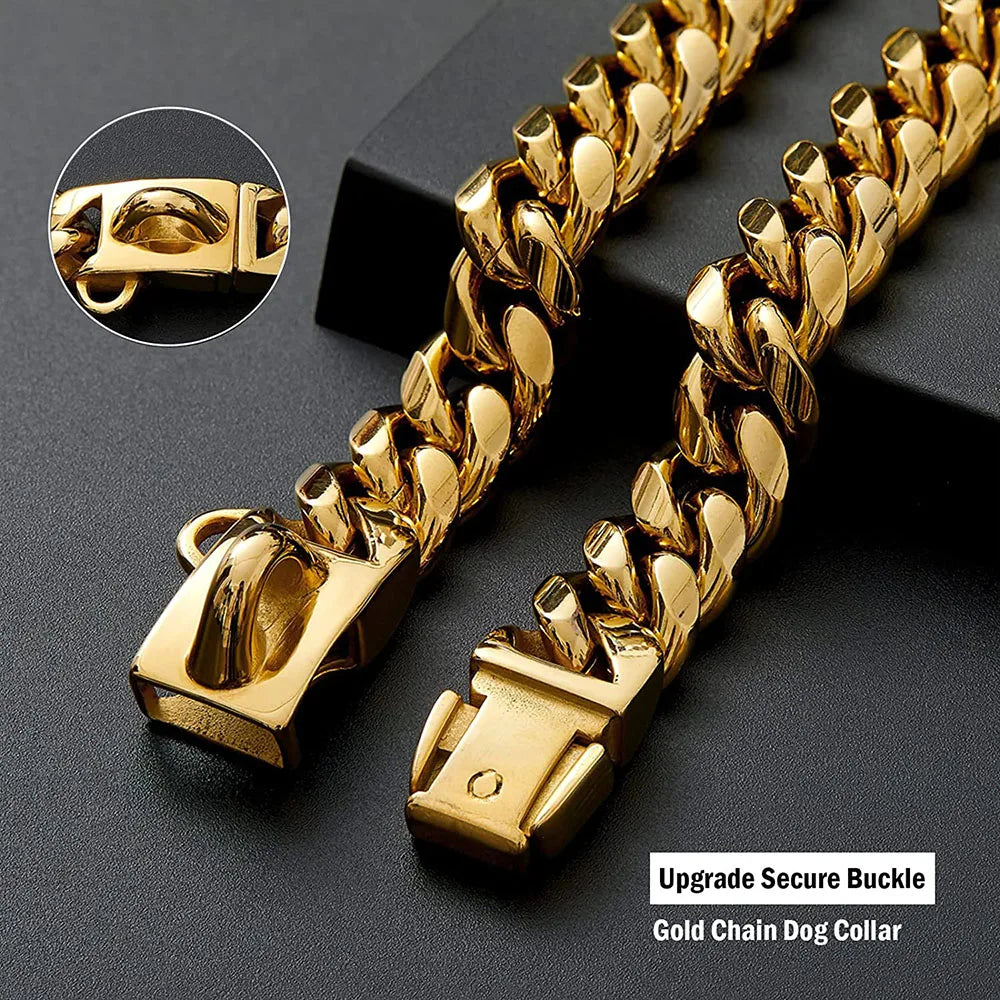 18K Gold Dog Chain Collar Dog Walking Metal Chain Collar with Secure Buckle Dog Cuban Link Strong Heavy Duty Chew Proof for Dogs