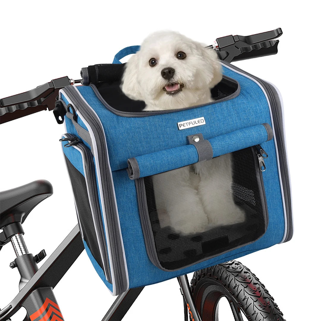 Dog or Cat Bike Basket, Expandable Soft Sided Pet Carrier Backpack with 4 Open Doors, Foldable Dog Bike Carrier