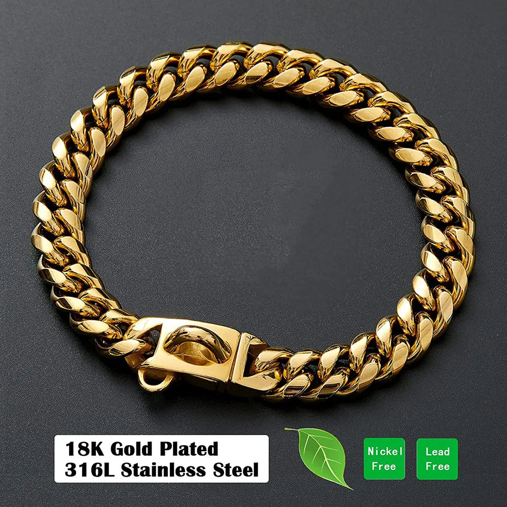 18K Gold Dog Chain Collar Dog Walking Metal Chain Collar with Secure Buckle Dog Cuban Link Strong Heavy Duty Chew Proof for Dogs