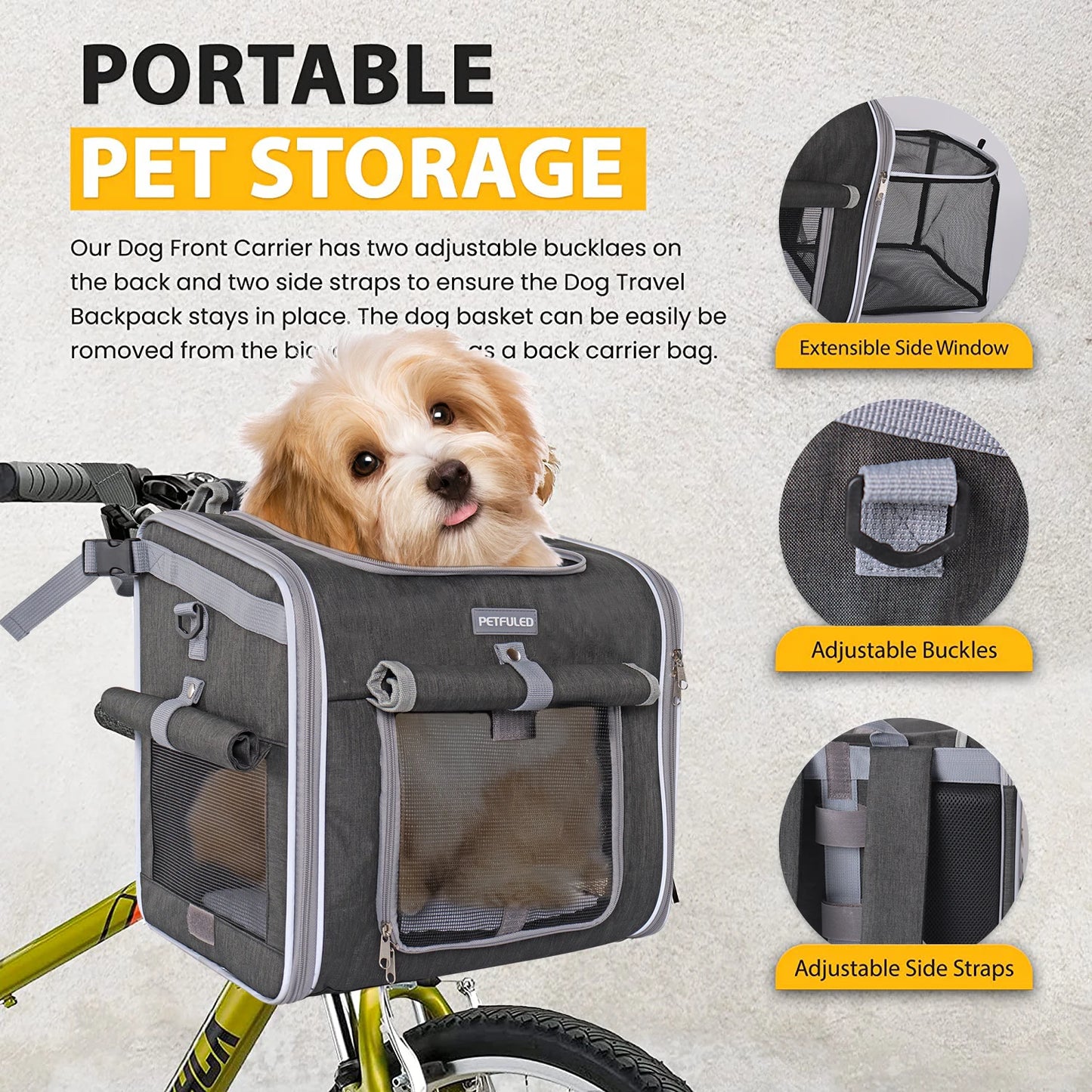 Dog or Cat Bike Basket, Expandable Soft Sided Pet Carrier Backpack with 4 Open Doors, Foldable Dog Bike Carrier