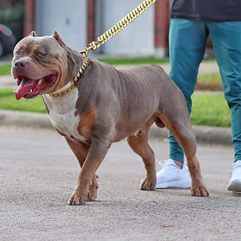 Strong Dog Golden Collar Choker Pets Dogs Cuban Link Chain 32mm Width Stainless Steel Collar for Medium Large Bulldog Usage