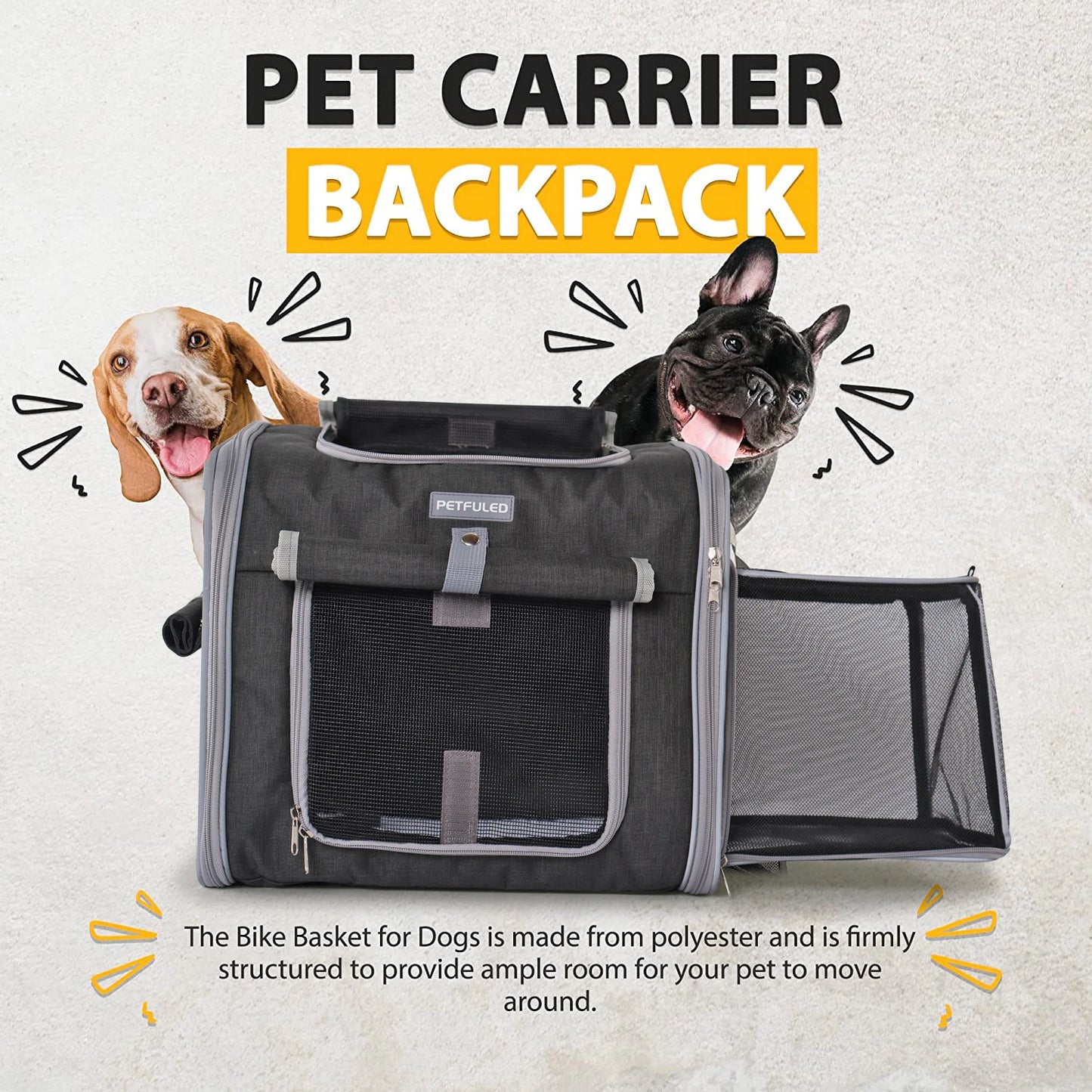 Dog or Cat Bike Basket, Expandable Soft Sided Pet Carrier Backpack with 4 Open Doors, Foldable Dog Bike Carrier