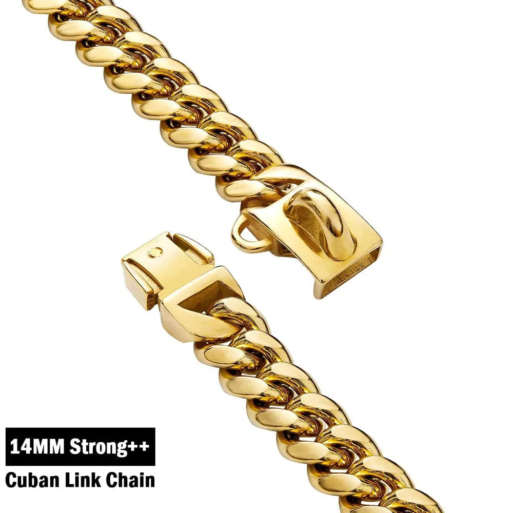 18K Gold Dog Chain Collar Dog Walking Metal Chain Collar with Secure Buckle Dog Cuban Link Strong Heavy Duty Chew Proof for Dogs