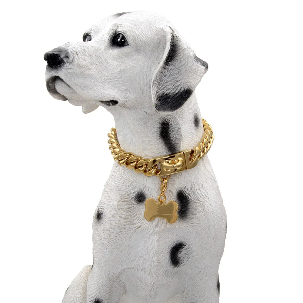 18K Gold Dog Chain Collar Dog Walking Metal Chain Collar with Secure Buckle Dog Cuban Link Strong Heavy Duty Chew Proof for Dogs