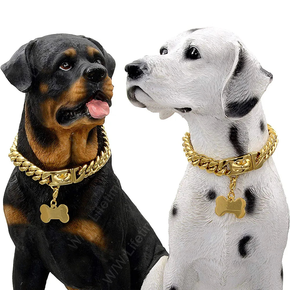 18K Gold Dog Chain Collar Dog Walking Metal Chain Collar with Secure Buckle Dog Cuban Link Strong Heavy Duty Chew Proof for Dogs