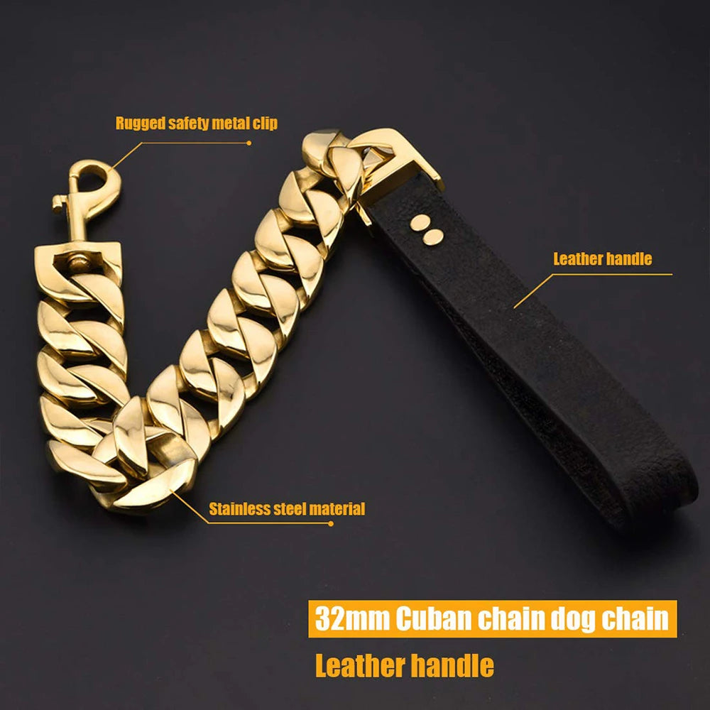 Dog Leash Pet Collar Lead Stainless Steel Super Strong Gold Collar Chain Customized 32mm Bulldog Pitbull Large Dog Collar Leash