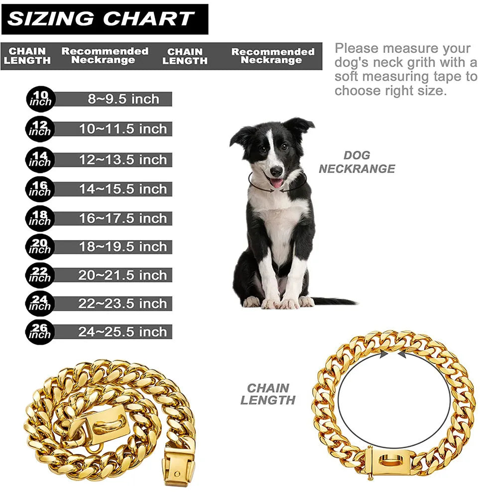 18K Gold Dog Chain Collar Dog Walking Metal Chain Collar with Secure Buckle Dog Cuban Link Strong Heavy Duty Chew Proof for Dogs