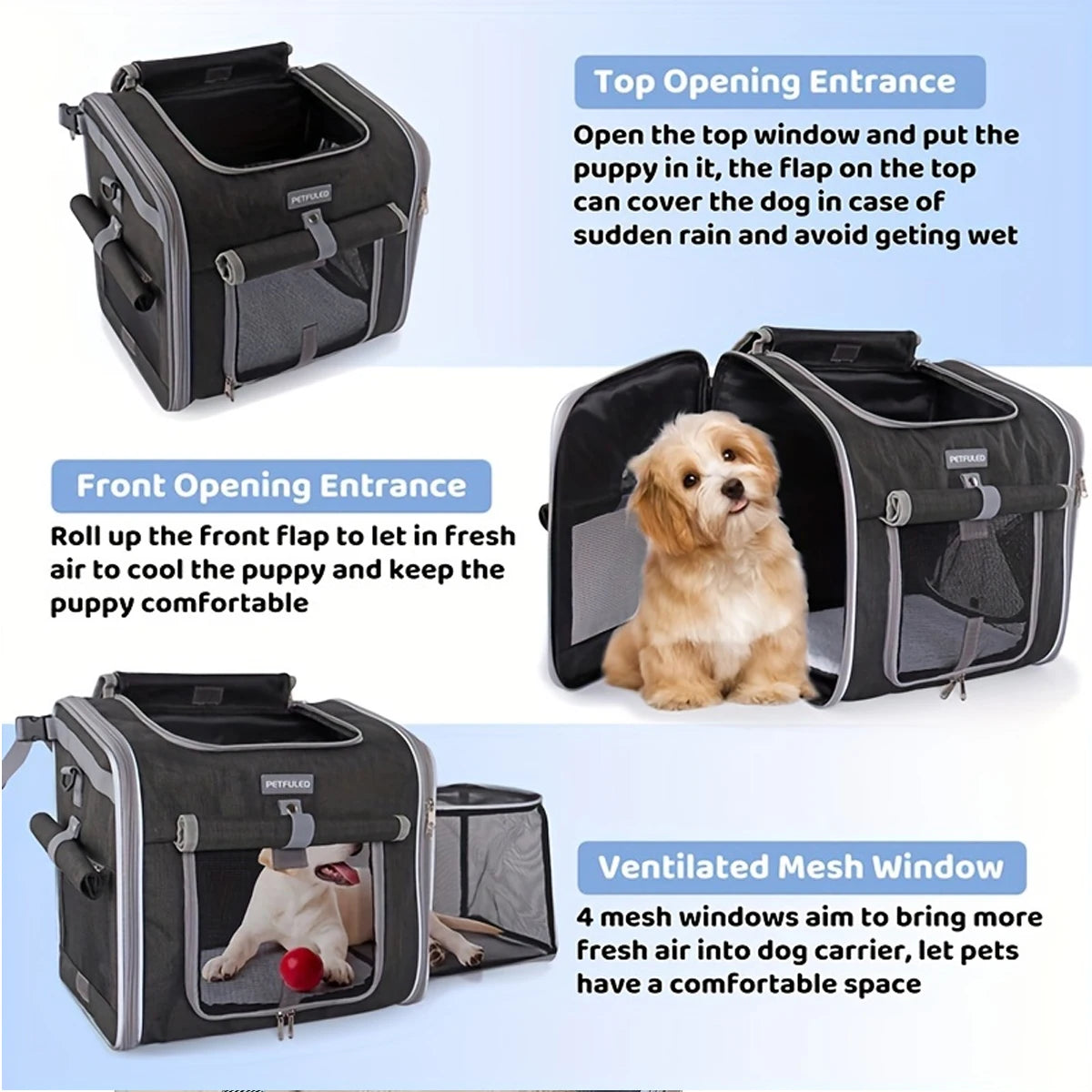 Dog or Cat Bike Basket, Expandable Soft Sided Pet Carrier Backpack with 4 Open Doors, Foldable Dog Bike Carrier