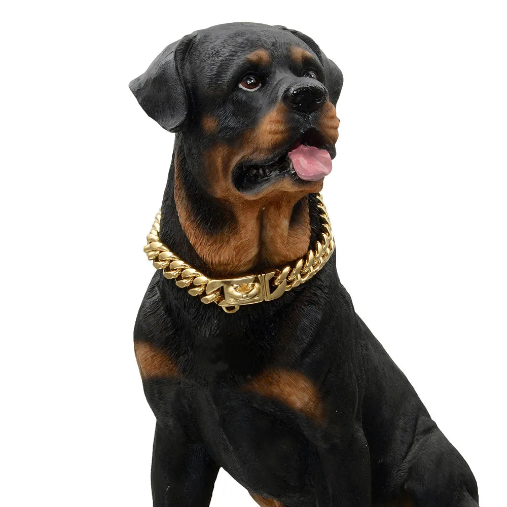 18K Gold Dog Chain Collar Dog Walking Metal Chain Collar with Secure Buckle Dog Cuban Link Strong Heavy Duty Chew Proof for Dogs